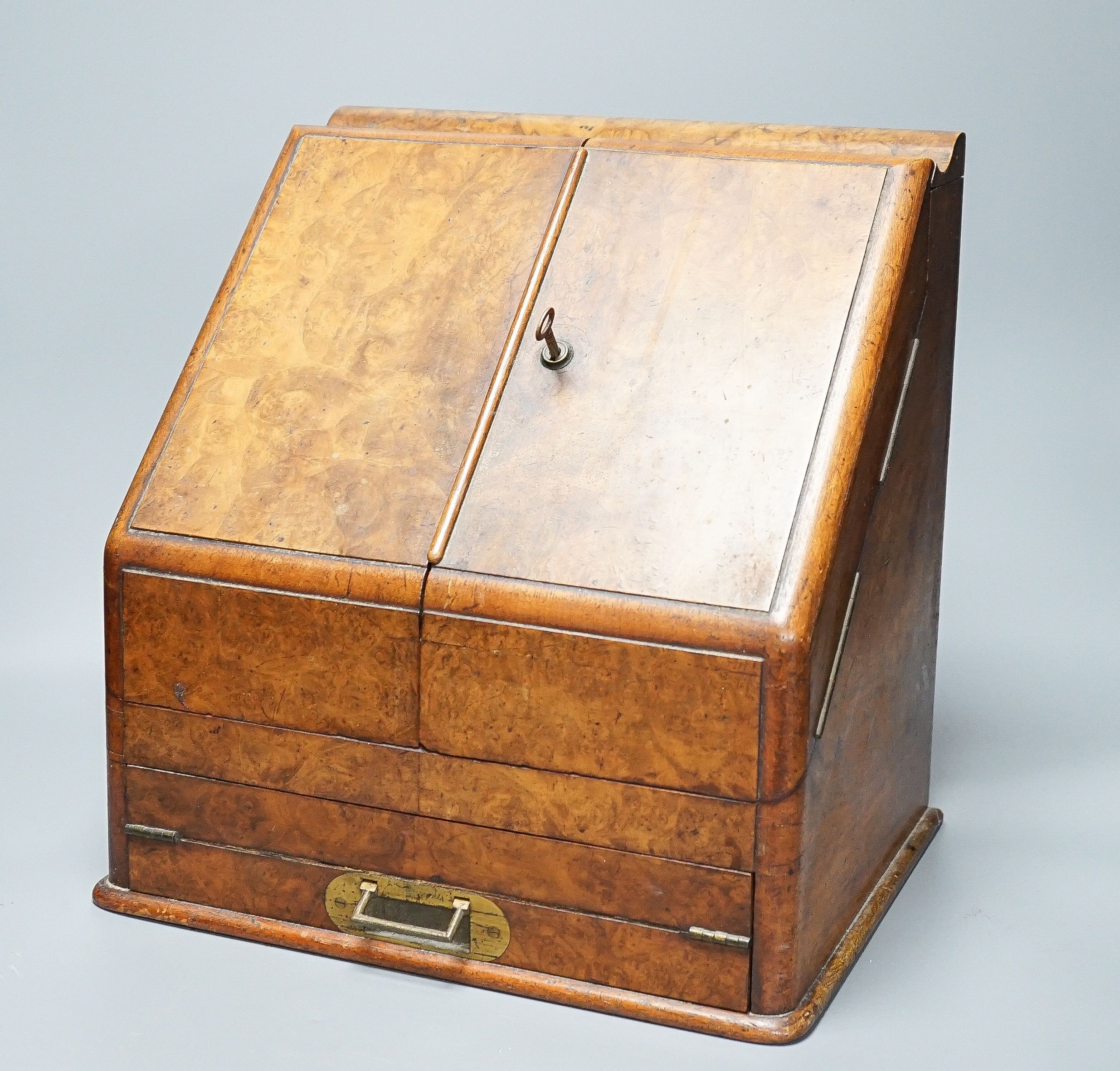 A Victorian burr walnut stationary casket, with calendar, 35cm